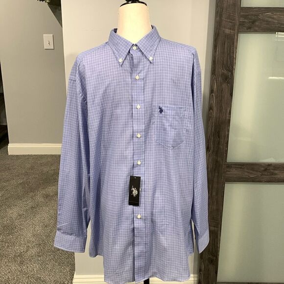 U.S. Polo Assn. 16 /16 1/2 34/35 blue & white check cuff & collar size Larg NWT - Picture 1 of 6
